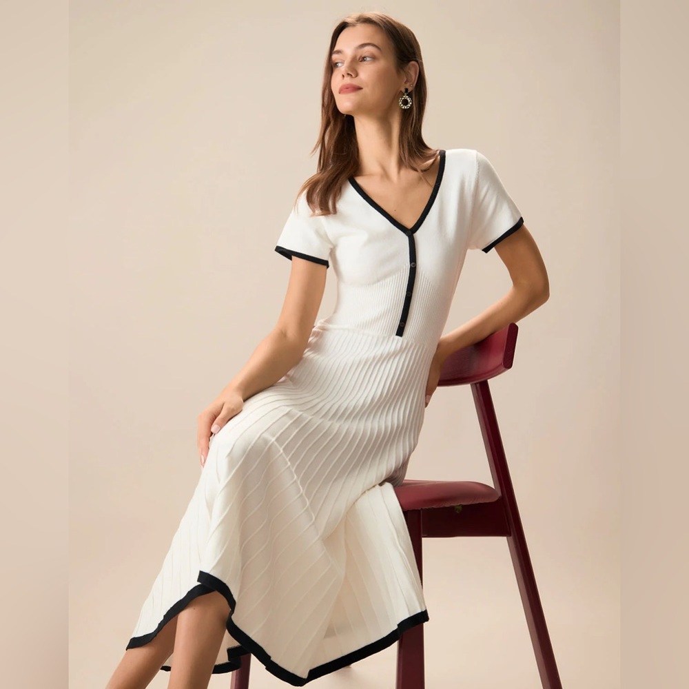 Rihoas Women's White Contrasting Sweater Midi Dress - Picture 2 of 10